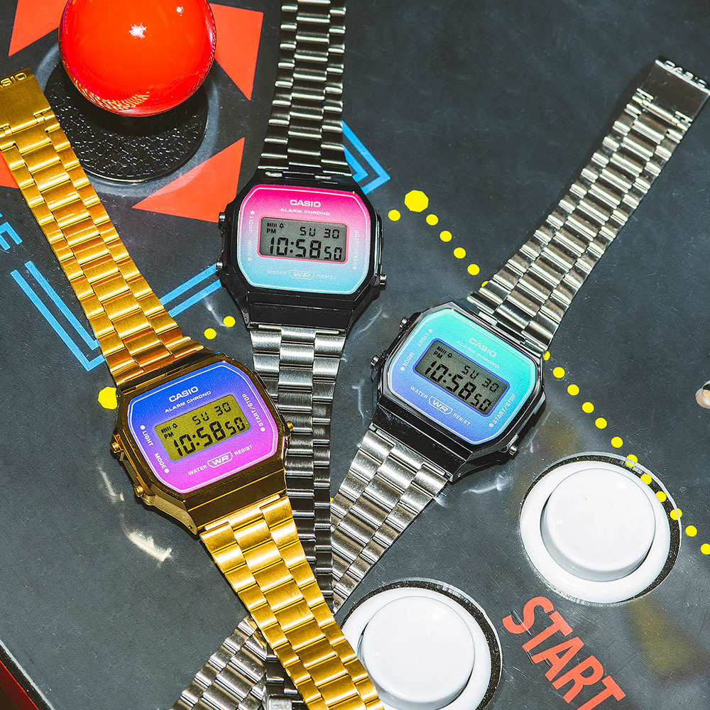 【CASIO 卡西歐】A168WERB A168WERG 復古時尚 炫彩漸層虹藍 美式青春獨特個性 中性 電子錶 手錶