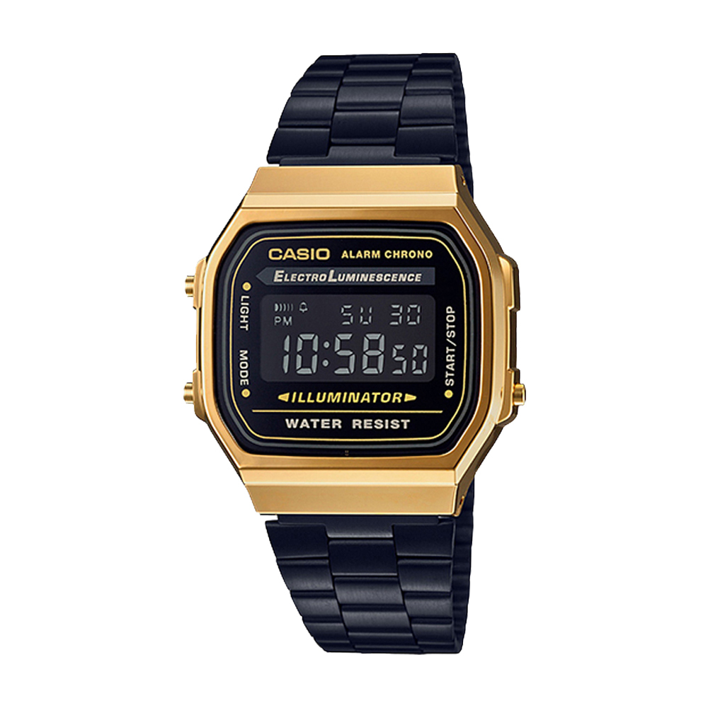 【CASIO 卡西歐】A168WEGB 計時碼錶 日期星期 時尚復古 方型 不鏽鋼 電子錶 手錶