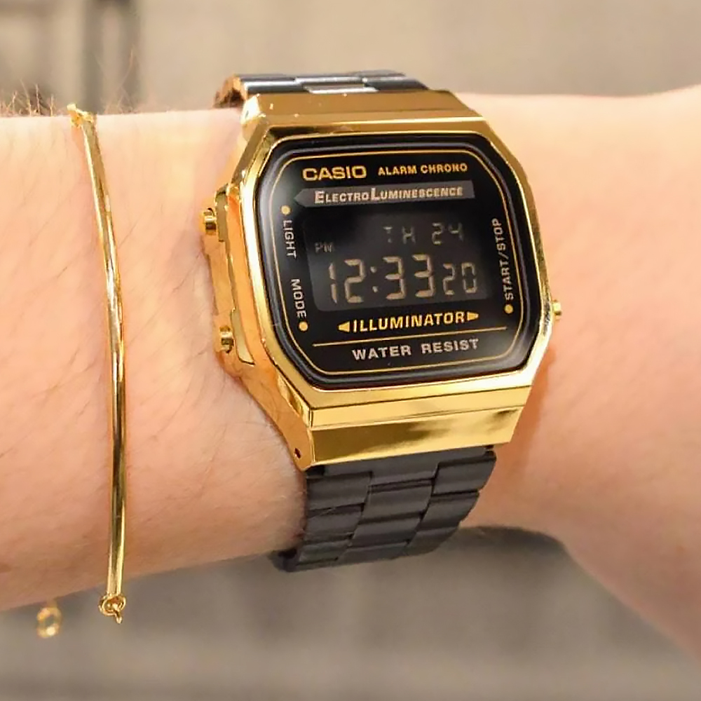 【CASIO 卡西歐】 計時碼錶 日期星期 時尚復古 方型 不鏽鋼 電子錶 手錶 A168WEGB
