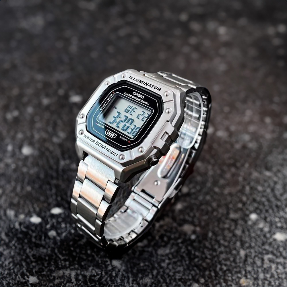 【CASIO 卡西歐】W-218HD-1A 經典數位復古休閒金屬質感 星期日期 計時碼錶 LED 電子錶