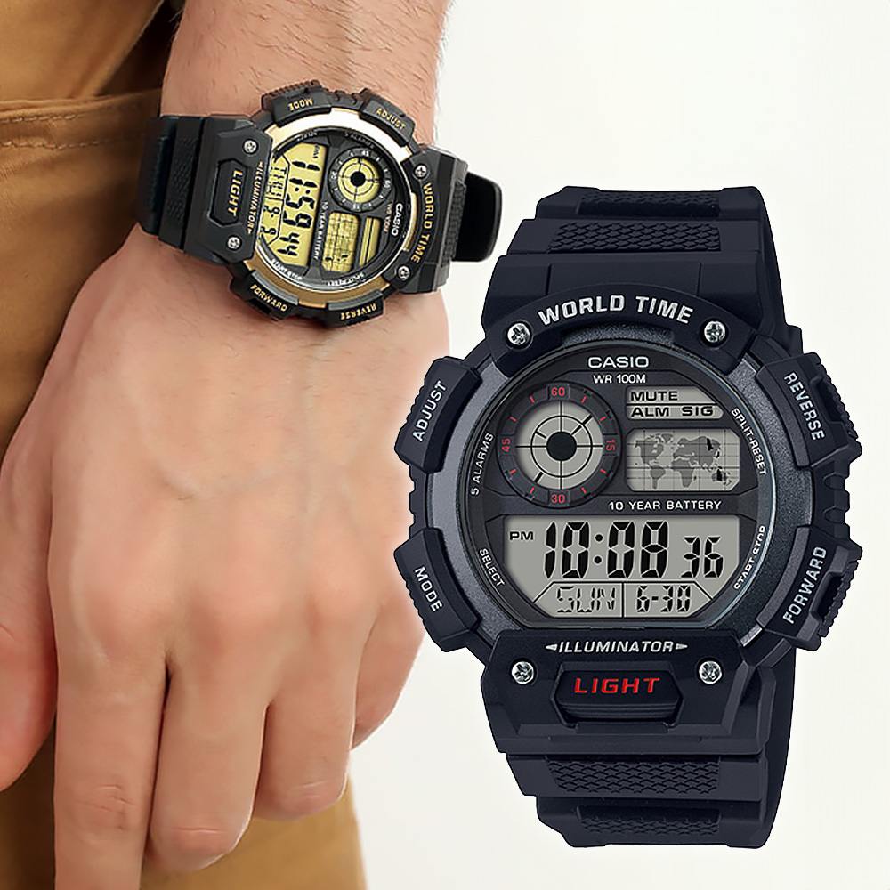 【CASIO 卡西歐】AE-1400WH 世界地圖 多國時間 夏令時 LED 旅遊運動 數位錶 電子錶 手錶