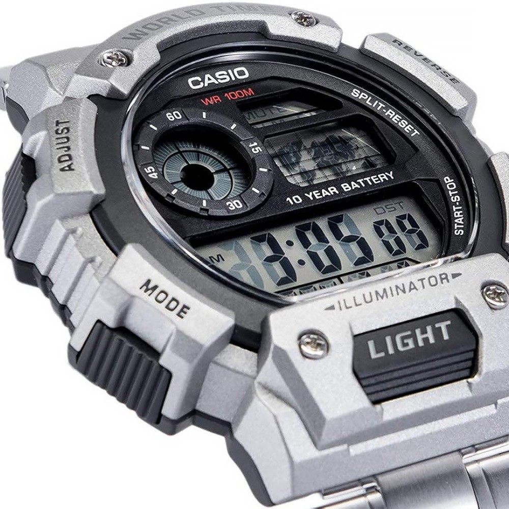 【CASIO 卡西歐】世界地圖 倒計時 LED燈 旅遊運動 不鏽鋼 電子錶 手錶 AE-1400WHD
