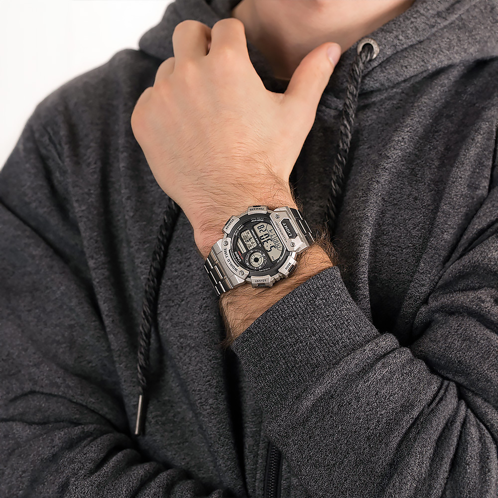 【CASIO 卡西歐】AE-1400WHD 世界地圖 倒計時 LED燈 旅遊運動 不鏽鋼 電子錶 手錶