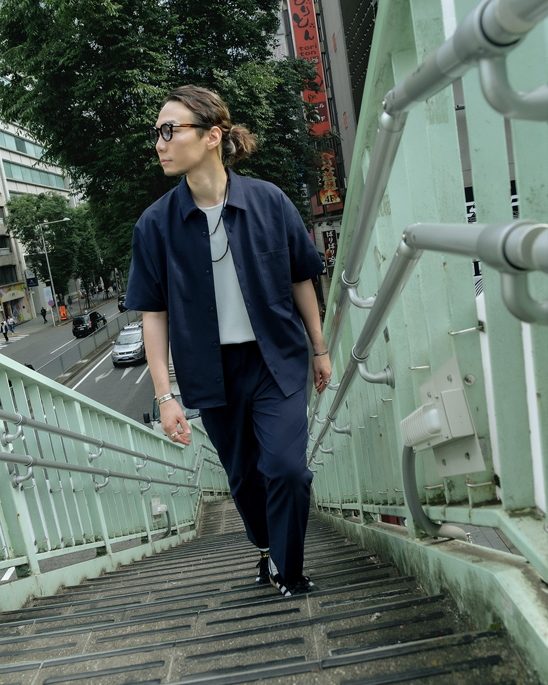 涼爽泡泡紗 都會感微寬身短袖襯衫－質感深藍 (男女皆可)