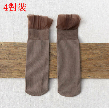 【4 pairs】Summer lace mid-rise socks (brown)