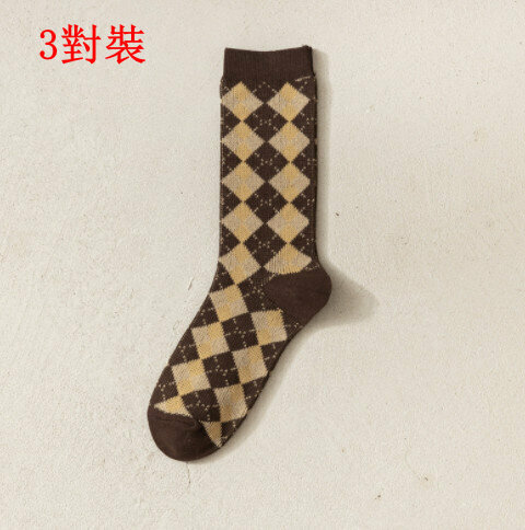 【3 pairs】Mid-rise socks autumn and winter vintage diamond checkered British socks (coffee checkered)