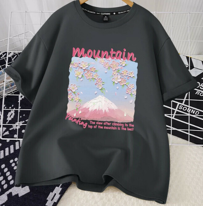 Casual loose short-sleeved T-shirt (quiet gray mountain top scenery S-2XL size) (contact customer service to confirm the shipping size after placing an order)】