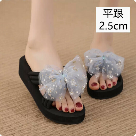 Summer Anti-slip Bow Sandals (TXE-093-10 Black Flat Heel 2.5cm) [Size 34-41] [Contact Customer Service to Confirm Shipping Size after Placing an Order]]