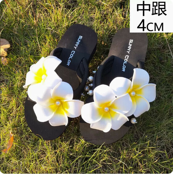新款夏季雞蛋花涼拖鞋（TXE-093-96 黑色-中跟4cm）【34-41碼】【下單後聯絡客服確認發貨尺碼】】