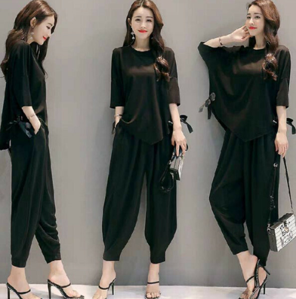 Loose and thin fashion radish pants set [black] (size: M-3XL) (contact customer service to confirm the shipping size after placing an order)]