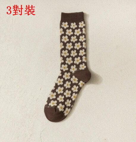 【3 pairs】Mid-rise socks autumn and winter retro rhombic British socks (coffee flowers)
