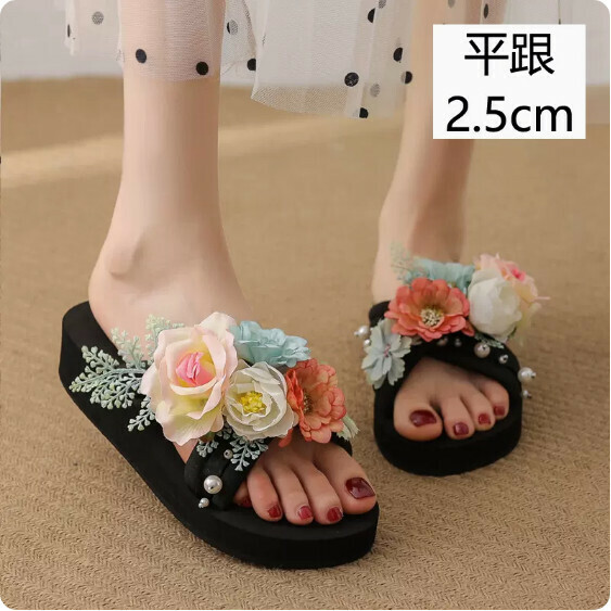 Thick Season Thick-soled Flower Slippers (TXE-093-77 Black Flat Heel 2.5cm) [Size 34-41] [Contact Customer Service to Confirm Shipping Size After Placing an Order]]