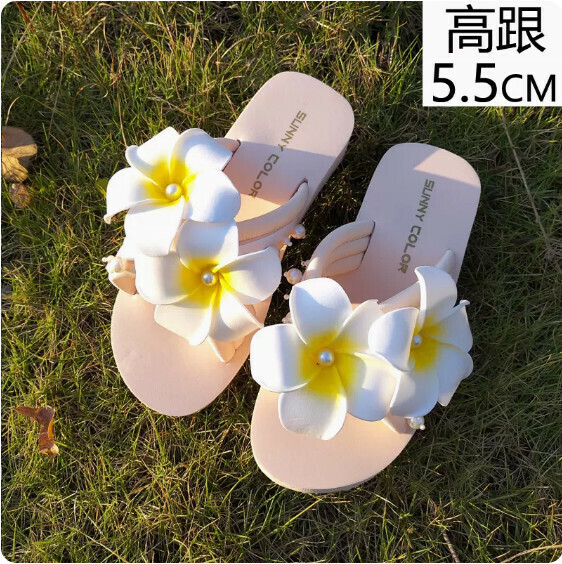 新款夏季雞蛋花涼拖鞋（TXE-093-96 米白色-高跟5.5cm）【34-41碼】【下單後聯絡客服確認發貨尺碼】】
