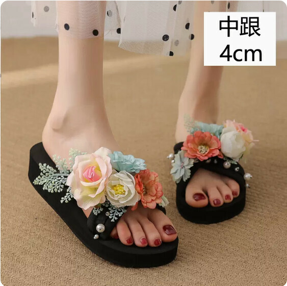 Thick Season Thick-soled Flower Slippers (TXE-093-77 Black Middle Heel 4cm) [Size 34-41] [Contact customer service to confirm shipping size after placing an order]