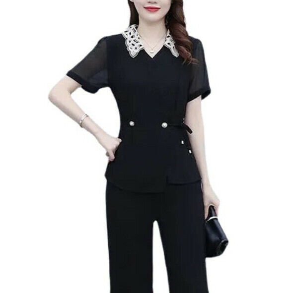 Fashion Mom Casual Two-Piece Set [Black] (Size: L-4XL) (Contact customer service to confirm the shipping size after placing an order)】