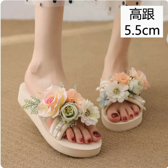 Thick Season Thick-soled Flower Slippers (TXE-093-77 Off-White High Heel 5.5cm) [34-41 size] [Contact customer service to confirm shipping size after placing an order]