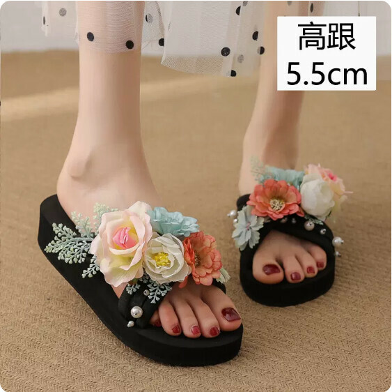Thick Season Thick-soled Flower Slippers (TXE-093-77 Black High Heel 5.5cm) [Size 34-41] [Contact customer service to confirm shipping size after placing an order]]