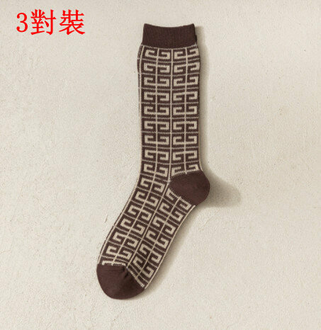【3 pairs】Mid-rise socks autumn and winter retro rhombic British socks (coffee retro pattern)