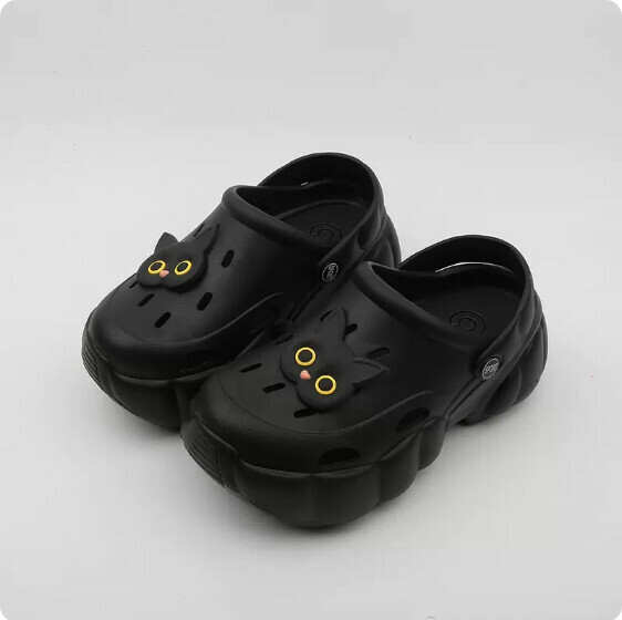 Summer Cloud Thick-soled Baotou Cave Semi-Slippers (1916-3 Black Cat with Black Bottom) [36-41 Size] [Contact Customer Service to Confirm Shipping Size after Placing an Order]