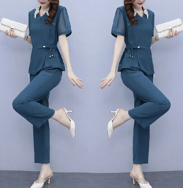 Fashion Mom Casual Two-Piece Set [Blue] (Size: L-4XL) (Contact customer service to confirm the shipping size after placing an order)】