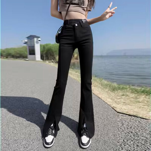 新款高腰微喇叭開叉拖地牛仔褲（黑色長褲）（碼數：XS/S/M/L/XL/2XL)(下單後聯絡客服確認尺碼）】