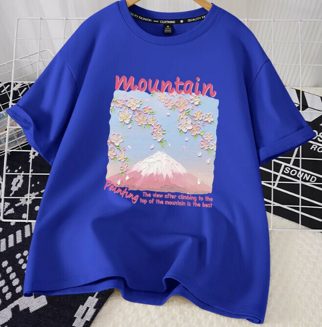 Casual loose short-sleeved T-shirt (royal blue mountain top view S-2XL size) (contact customer service to confirm the shipping size after placing an order)】
