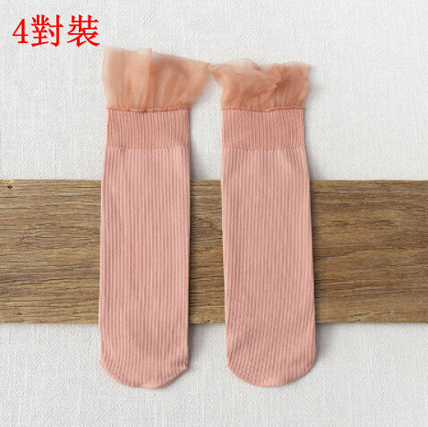 【4 pairs】Summer lace mid-rise socks (pink)