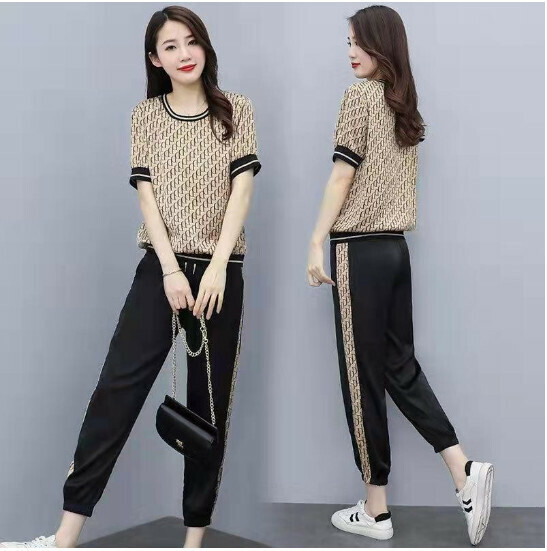 Korean version casual print two-piece set [khaki] (size: M-3XL) (contact customer service to confirm the shipping size after placing an order)]