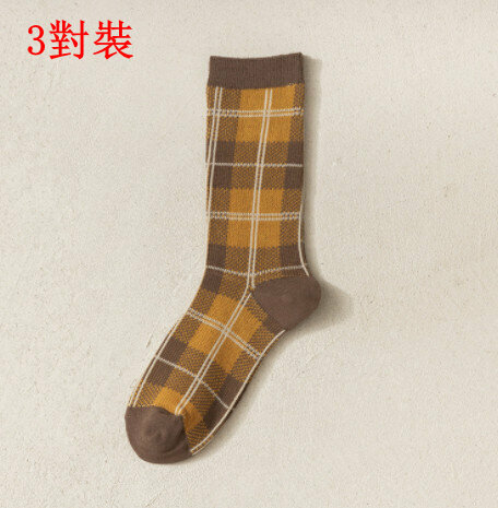 【3 pairs】Women's socks autumn and winter vintage rhombic English socks (coffee lattice)