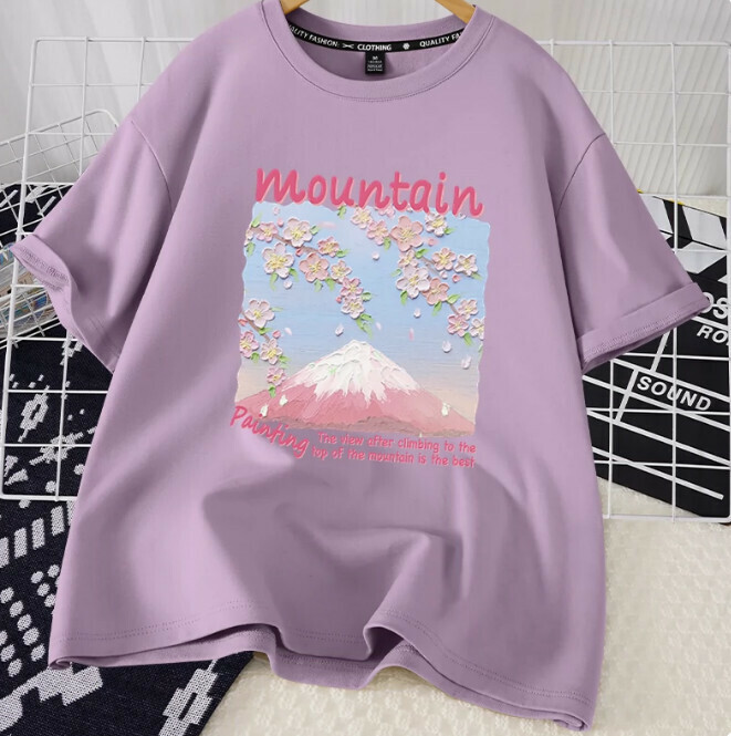 Casual loose short-sleeved T-shirt (taro purple mountain top view S-2XL size) (contact customer service to confirm the shipping size after placing an order)】
