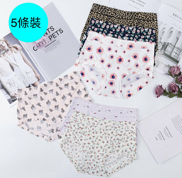 【5 packs】Ice silk printed mesh cotton panties (one size) [random color]