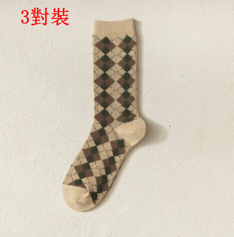 【3 pairs】Mid-rise socks autumn and winter retro linge British socks (light coffee lingge)