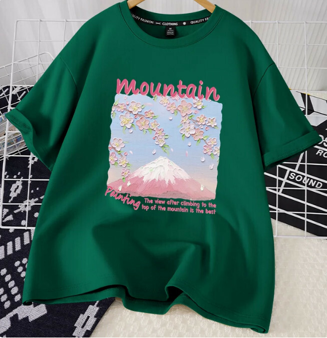 Casual loose short-sleeved T-shirt (dark green mountain top scenery S-2XL size) (contact customer service to confirm the shipping size after placing an order)】