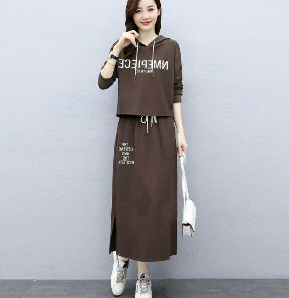 Hooded sweatshirt midi skirt two-piece set [coffee] (size: M-3XL) (contact customer service to confirm the shipping size after placing an order)]