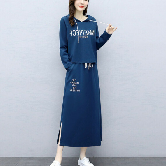 Hooded sweatshirt midi skirt two-piece set [blue] (size: M-3XL) (contact customer service to confirm the shipping size after placing an order)]
