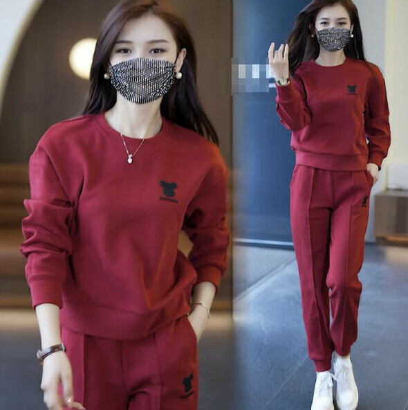 Long-sleeved casual sweatshirt two-piece set [burgundy] (size: M-4XL) (contact customer service to confirm the shipping size after placing an order)]