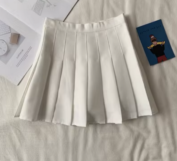激抵百褶裙短裙格子a字半身裙（純白）（尺碼:XS-L)(下單後聯絡客服確認發貨尺碼)