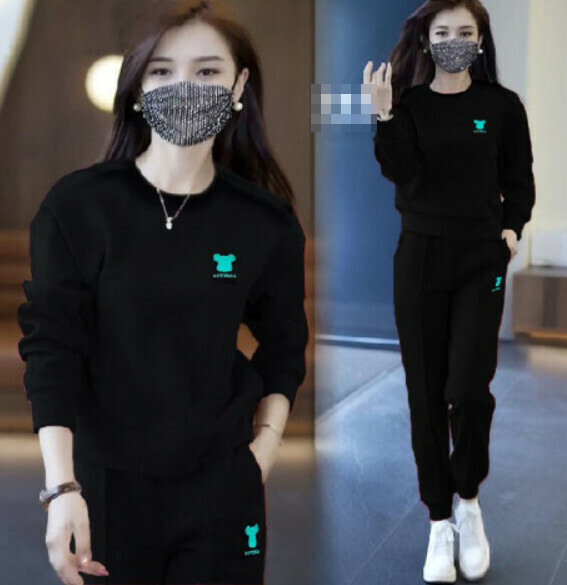 Long-sleeved casual sweatshirt two-piece set [black] (size: M-4XL) (contact customer service to confirm the shipping size after placing an order)]