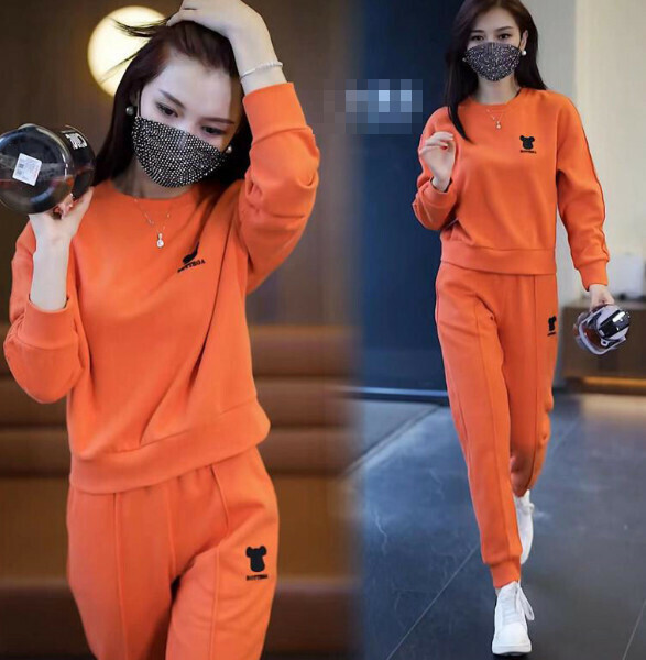 Long-sleeved casual sweatshirt two-piece set [orange] (size: M-4XL) (contact customer service to confirm the shipping size after placing an order)】