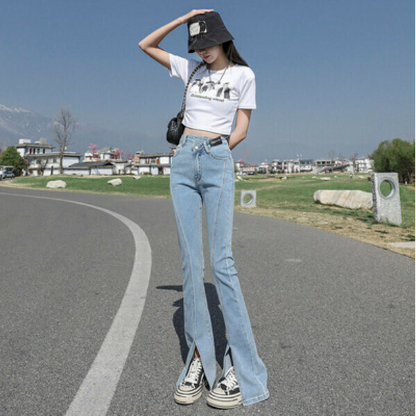 爆款高腰微喇叭開叉拖地牛仔褲（淺藍加長）（碼數：XS/S/M/L/XL/2XL)(下單後聯絡客服確認尺碼）】