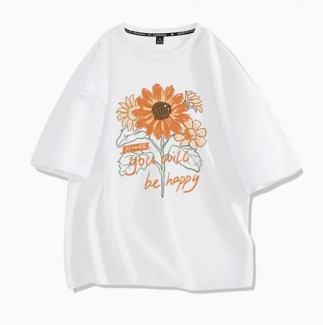 Casual loose short-sleeved T-shirt (white sunflower S-2XL) (contact customer service to confirm the shipping size after placing an order)】
