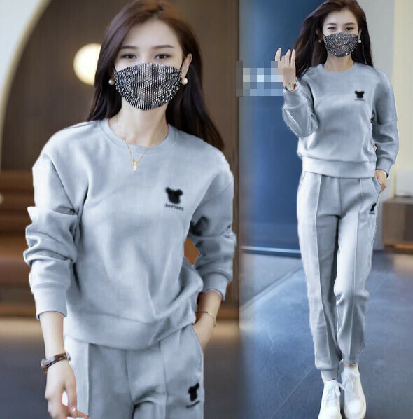 Long-sleeved casual sweatshirt two-piece set [gray] (size: M-4XL) (contact customer service to confirm the shipping size after placing an order)]