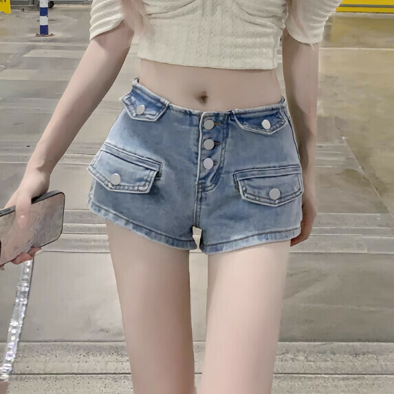 熱推高腰排扣牛仔闊腿短褲女夏季（淺藍色【S_XL碼】（下單後聯繫客服確認發貨尺碼）】