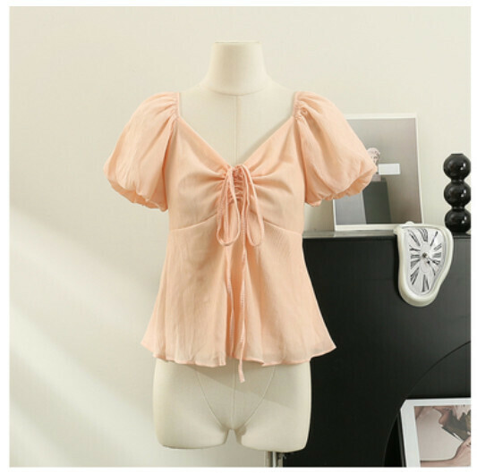 V-Neck Short Sleeve Shirt (Pink) (One Size)】