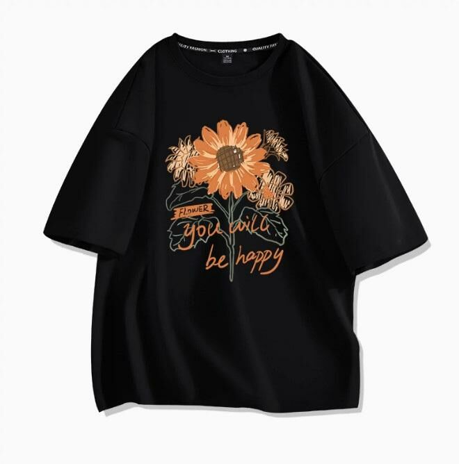 Casual Loose Short Sleeve T-Shirt (Black Sunflower S-2XL) (Contact customer service to confirm the shipping size after placing the order)】