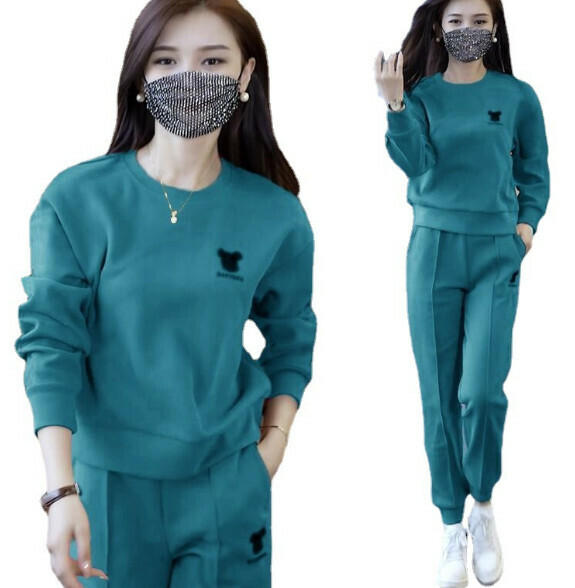 Long-sleeved casual sweatshirt two-piece set [Peacock Green] (size: M-4XL) (Contact customer service to confirm the shipping size after placing an order)】