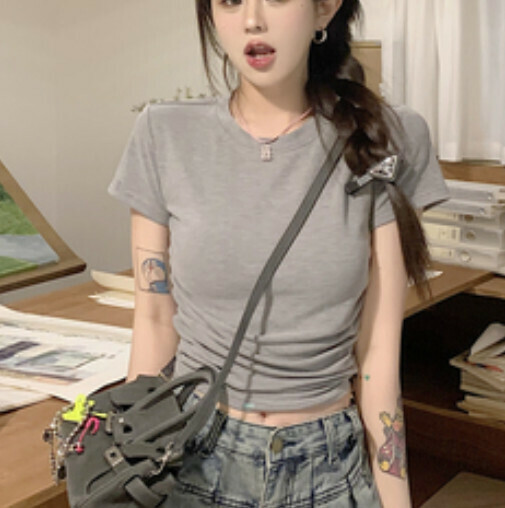 Waist solid color T-shirt (gray one-size-fits-all)】