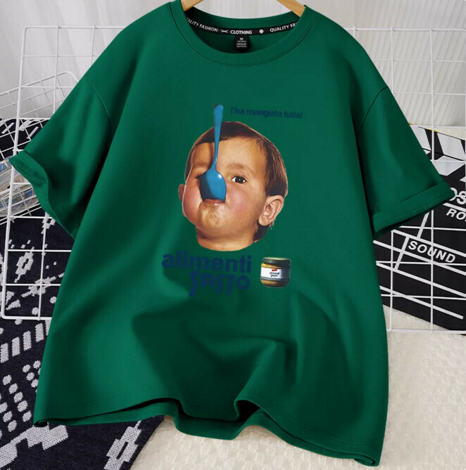 Casual loose short-sleeved T-shirt (dark green naughty kids S-2XL size) (contact customer service to confirm the shipping size after placing an order)】