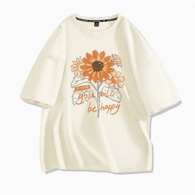 Casual loose short-sleeved T-shirt (beige sunflower S-2XL) (contact customer service to confirm the shipping size after placing an order)】