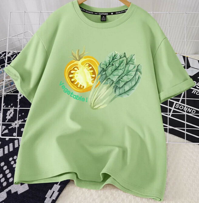 Casual loose short-sleeved T-shirt (fruit green, eat more vegetables, S-2XL size) (contact customer service to confirm the shipping size after placing an order)】
